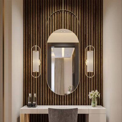 Gương khung inox mạ vàng treo bàn trang điểm cao cấp